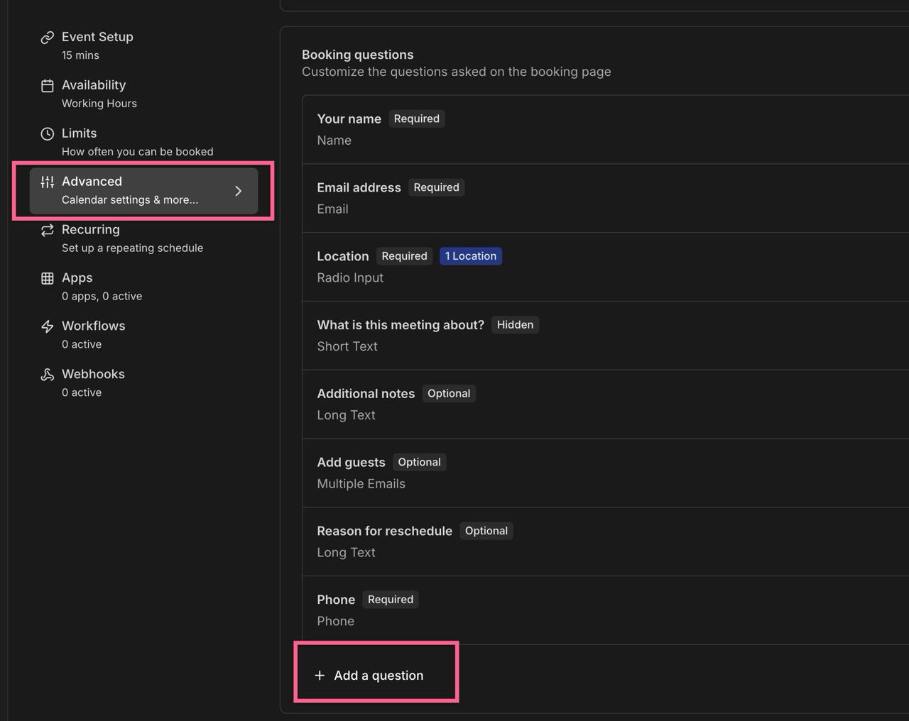 Cal.com Event Settings